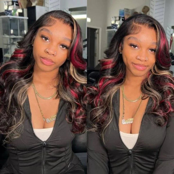 Burgundy Red And Auburn Mixed Highlights Lace Wig