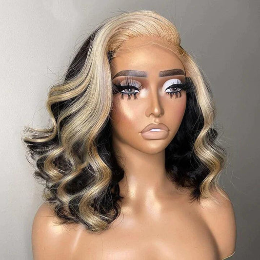 Wavy Bob Blonde Highlight frontline 13X4 Transparent Lace Frontal Wig