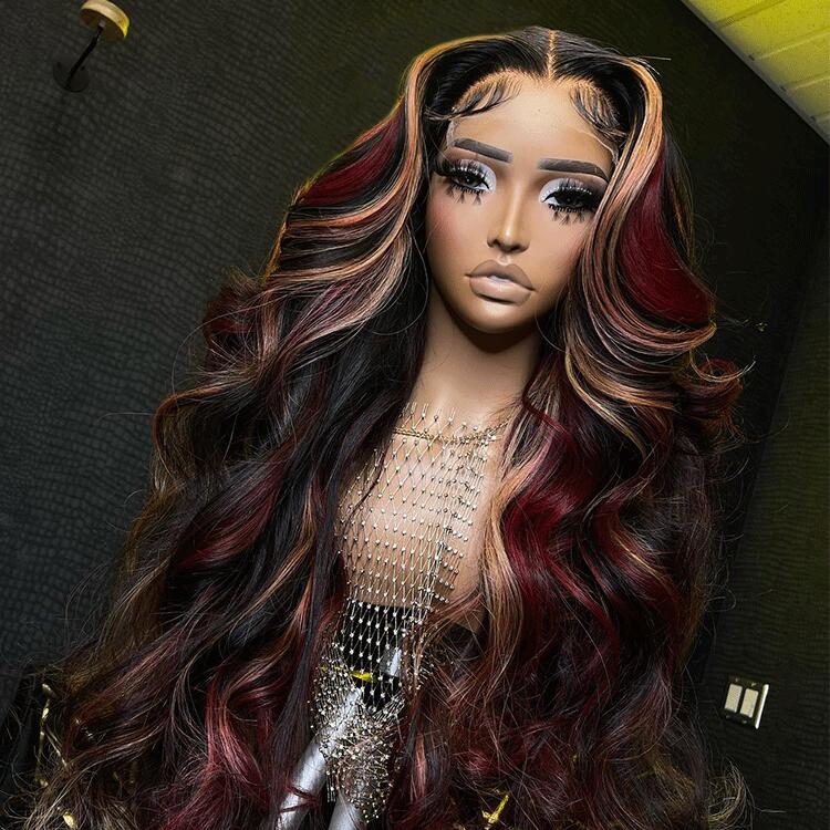 Burgundy Red And Auburn Mixed Highlights Lace Wig